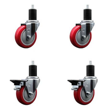 Service Caster 4'' Red Poly Wheel Swivel 1-3/4'' Expanding Stem Caster Set 2 Brakes, 4PK SCC-EX20S414-PPUB-RED-2-PLB-2-134